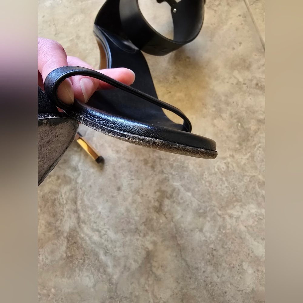 Balmain Black Leather Gold-Accent Stiletto Heels - Picture 7 of 16